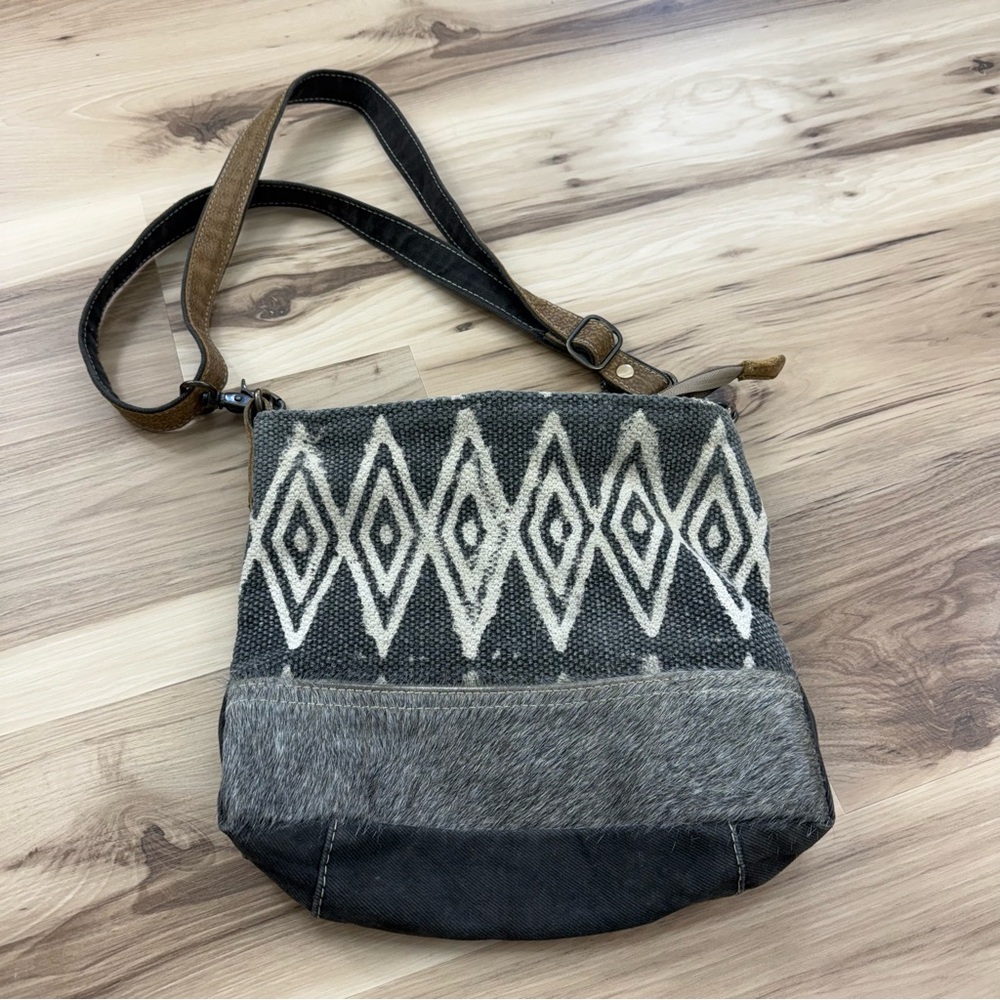 Myra Bag Black and Gray Calf Hair Geometric Crossbody
